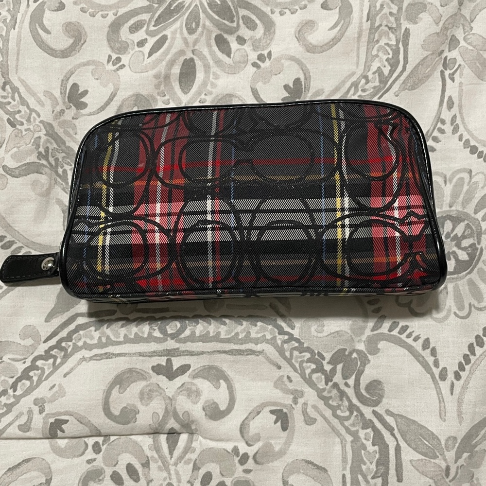 Coach Poppy Tartan Plaid Red Black Multi Stripe Small Cosmetic Case Bag Zip